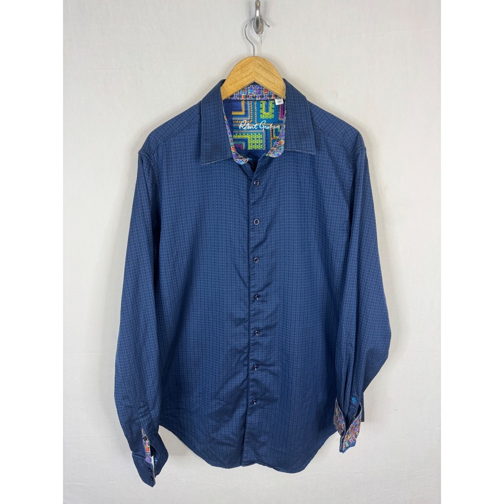 Robert Graham Mens Navy Blue Geometric Button Down Shirt Liquor Bottle Cuff XLT